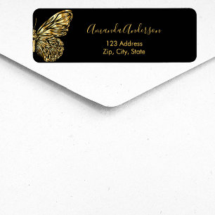 Étiquette d'adresse de retour en or noir papillon