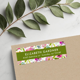 Étiquette d'adresse de retour florale rose et vert