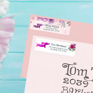 Étiquette d'adresse de retour florale teckel viole