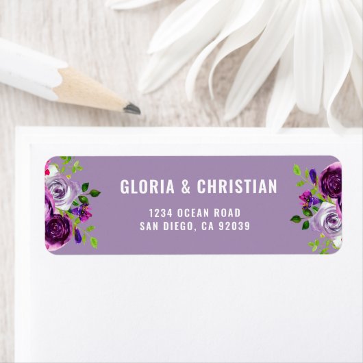 Étiquette d'adresse de retour florale violette rom (En situation)