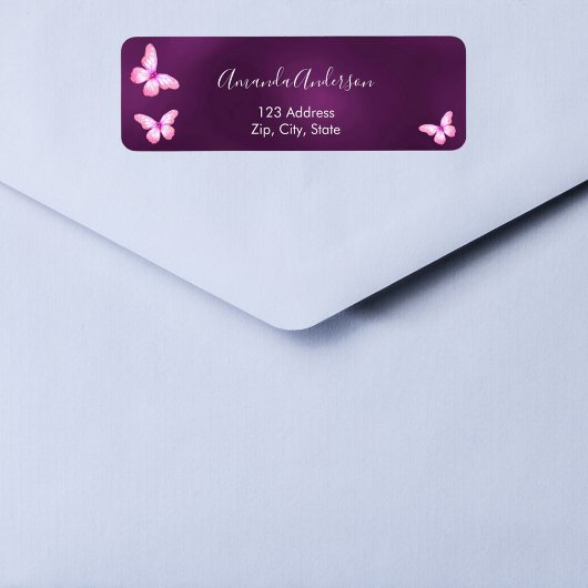 Étiquette d'adresse de retour papillon violet rose