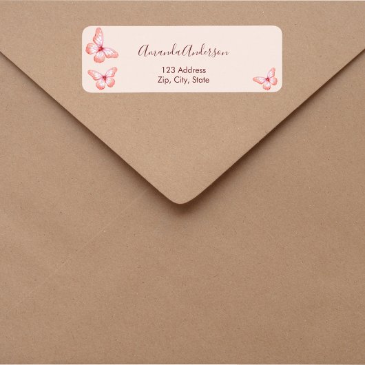Étiquette d'adresse de retour rose doré papillon