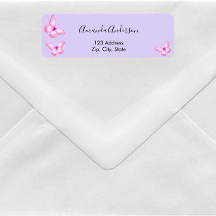 Étiquette d'adresse de retour violet rose papillon