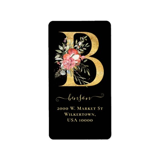 Étiquette d'adresse florale B Monogramme Or Élégan (Devant)