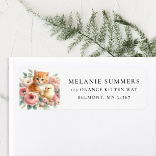 Étiquette d'adresse florale de chaton et poussin d