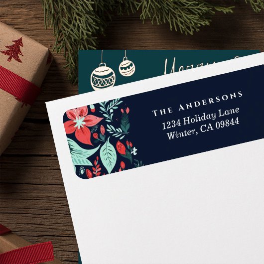 Étiquette d'adresse florale de fêtes de Noël bleu