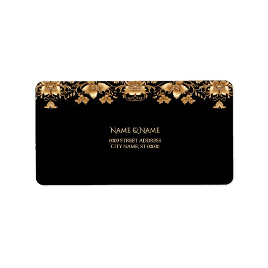 Étiquette d'adresse florale ornée noir or (Devant)