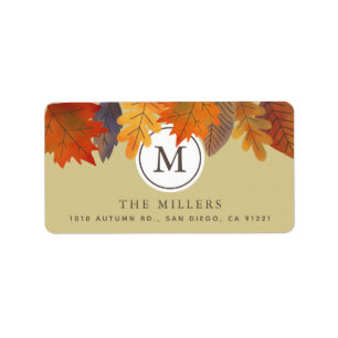 Étiquette d'adresse Monogramme Automne Feuilles Ka