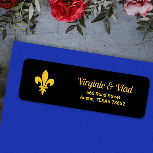 Étiquette d'adresse noire avec Fleur de Lys Or