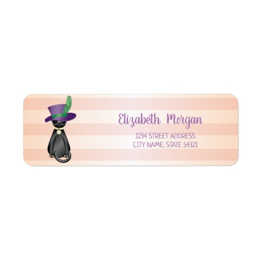 Étiquette d'adresse rayée girly, chat fantaisiste, (Devant)