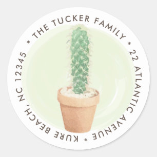 Étiquette d'adresse ronde Pot de fleurs Cactus aqu
