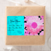 Étiquette DAISY, bleu turquase rose noir (En situation)