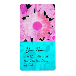Étiquette DAISY, bleu turquoise rose noir