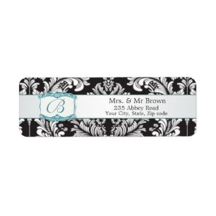 Étiquette Damas noir blanc Monogramme B Mariage Avery