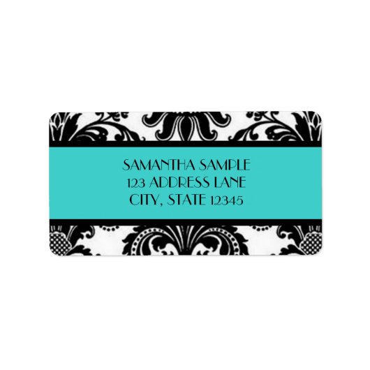 Étiquette Damas noir & blanc, Turquoise (Devant)