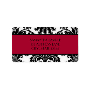 Étiquette Damas noir et blanc, rouge écarlate