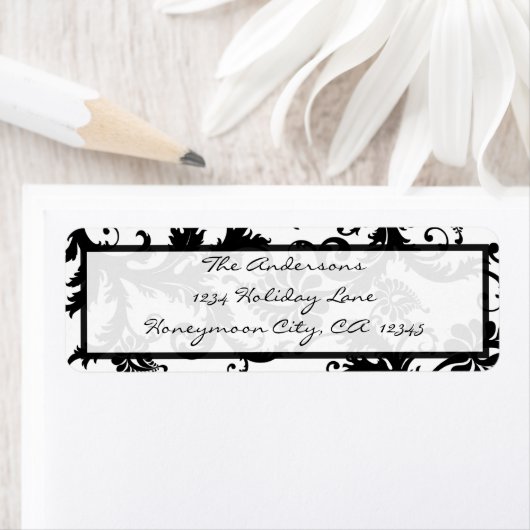 Étiquette Damask Swirl Black & White Adresse de retour Étiqu (En situation)