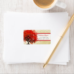 Étiquette Damask Whimsical Heart Leafed Tree Dots rose rouge