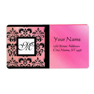 ÉTIQUETTE DAMASSÉ EN SOIE ROSE NOIRE FUCHSIA, MONOGRAMME