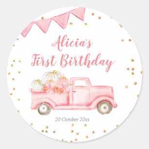 Étiquette d'anniversaire du camion Citrouille ros