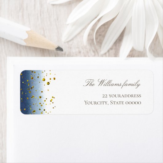 Étiquette dark blue watercolor simulated gold glitter label (En situation)