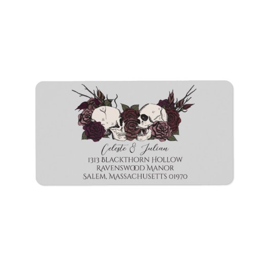 Étiquette Dark Floral Skull Gray Wedding Return Address (Devant)