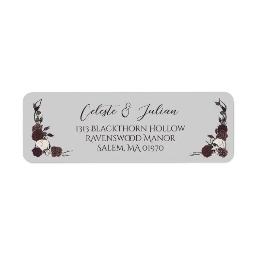 Étiquette Dark Floral Skull Gray Wedding Return Address (Devant)