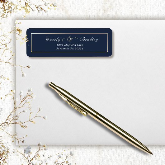 Étiquette Dark Navy Gold Frame Elegant Return Address