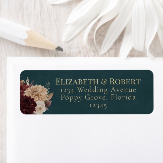Étiquette Dark Teal Floral Gothic Wedding Address Label (En situation)