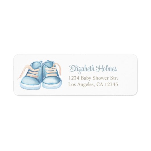 Étiquette de adresse Baby shower Blue Baby Shoes. (Devant)