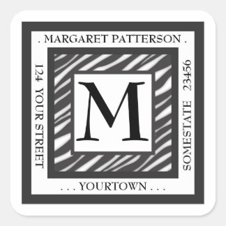 Étiquette de adresse Carré de monogramme noir et b