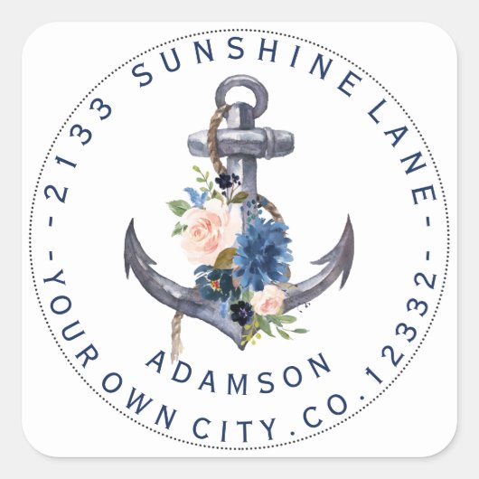 Étiquette de adresse circulaire Ancre bleu rose (Devant)