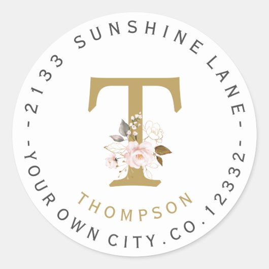 Étiquette de adresse circulaire Pink Gold Floral (Devant)