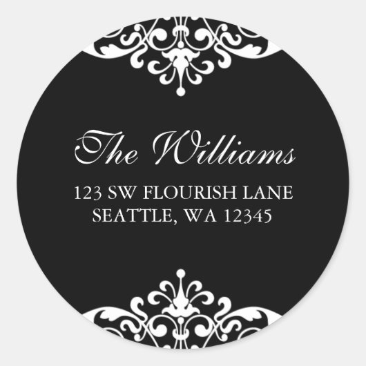 Étiquette de adresse de défilement florissant noir (Devant)