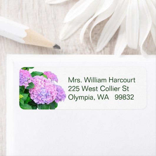 Étiquette de adresse de fleurs d'Hydrangée rose (En situation)