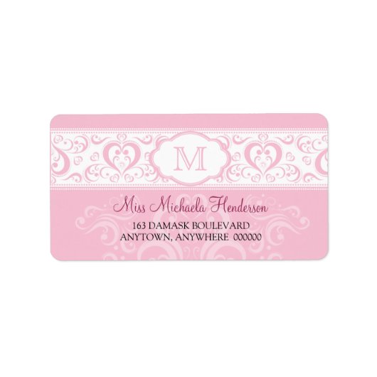Étiquette de adresse de monogramme Damask rose (Devant)