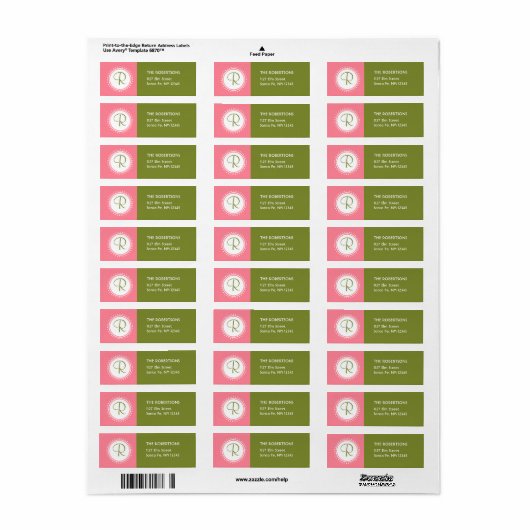 Étiquette de adresse de monogramme rose et vert (Feuille entière)
