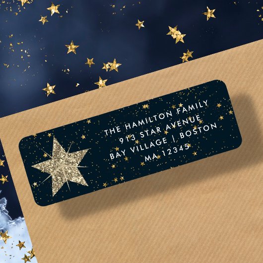 Étiquette de adresse de Noël Blue & Gold Star