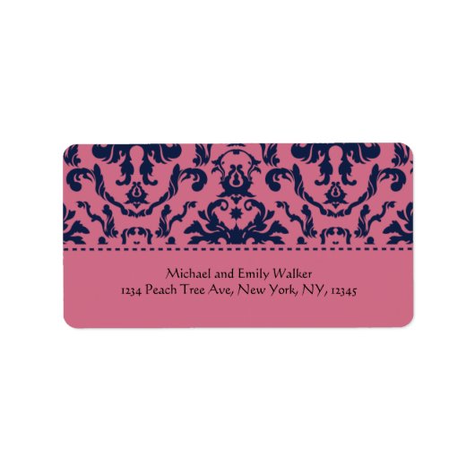 Étiquette de adresse élégant rose et noir Damas (Devant)