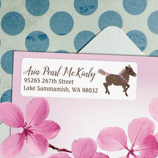 Étiquette de adresse Galloping Brown Pony Pink Flo