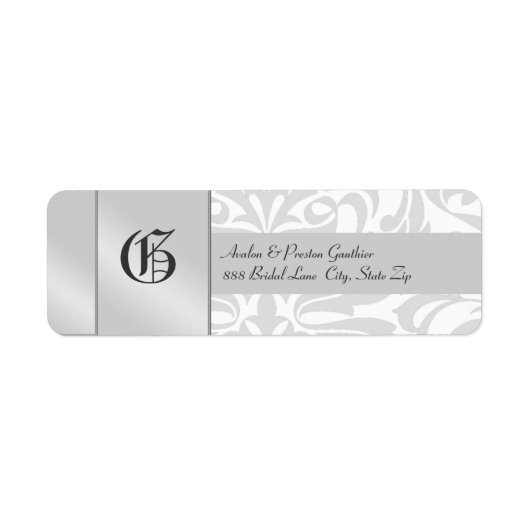 Étiquette de adresse Mariage blanc Damask Monogram (Devant)