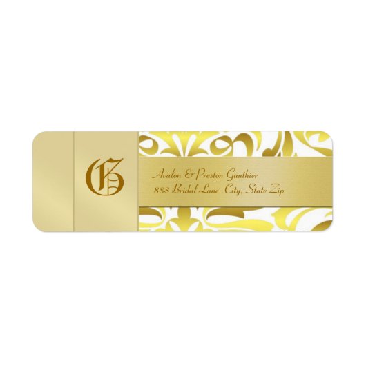 Étiquette de adresse Mariage Gold Damask Monogram  (Devant)
