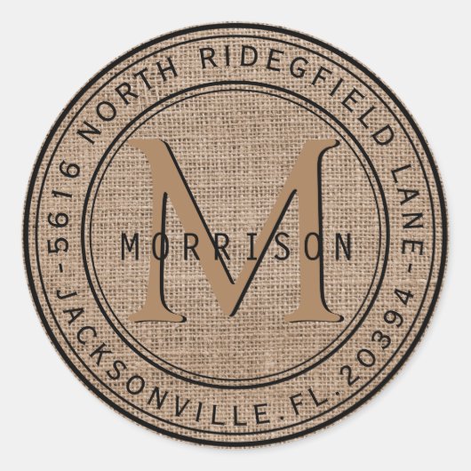 Étiquette de adresse monogramme à Tan Burlap (Devant)