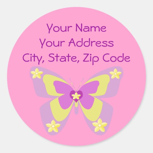 Étiquette de adresse rose et jaune de papillon (Devant)