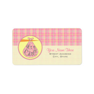 Étiquette de baby shower - cigogne rose de plaid