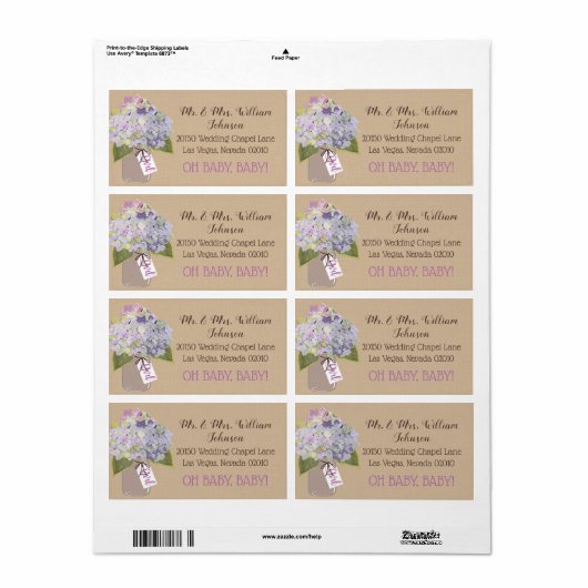 Étiquette de Baby shower Lavender Hydrangea Bouque (Feuille entière)