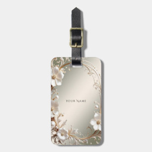 Étiquette de bagage à cadre floral blanc orné