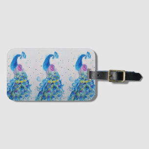 Étiquette de bagage à l'aquarelle oiseau paon bleu