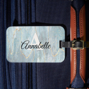Étiquette de bagage à monogramme doré Lt. Blue Mar