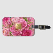 Étiquette de bagage à monogramme floral rose et ve (Devant Horizontal)
